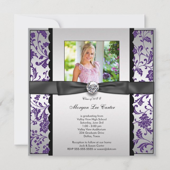 Invitación de graduación de fotos moradas (Anverso)