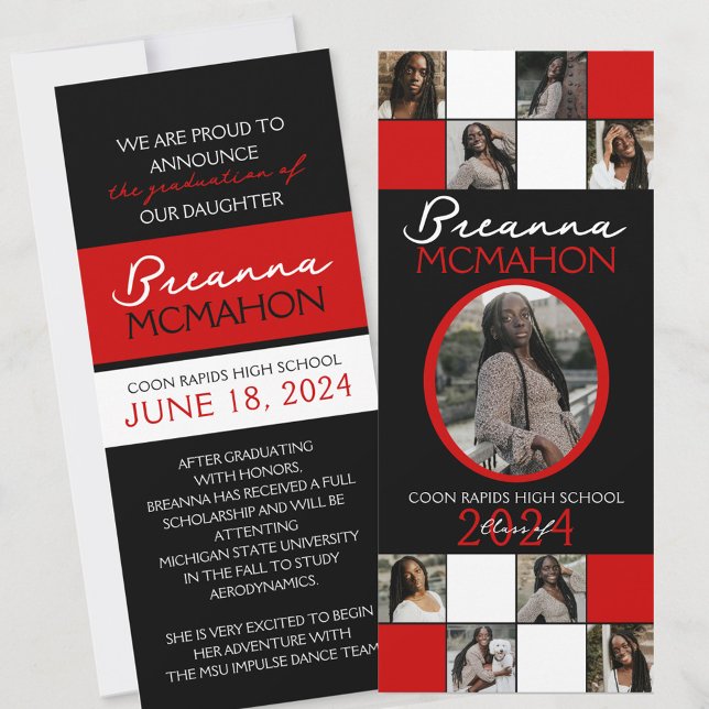 Invitación de graduación de fotos Red y Black 9 (9 Photo Graduation Announcement in Black and Red Elegant, formal & classy!)