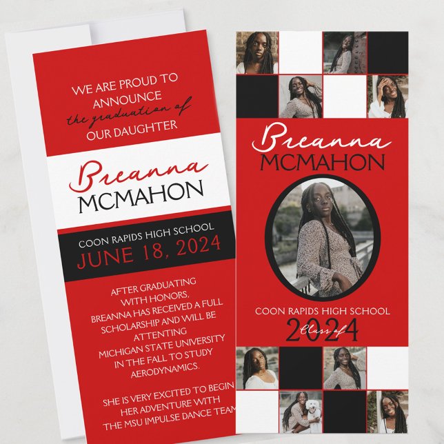 Invitación de graduación de fotos Red y Black 9 (9 Photo Graduation Announcement in Red and Black. Elegant, formal & classy!)