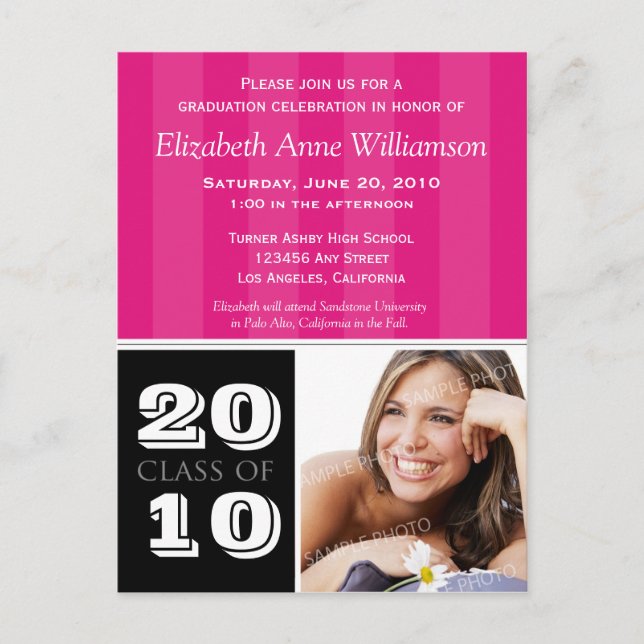 Invitación de graduación de franjas reales (rosa) (Anverso)