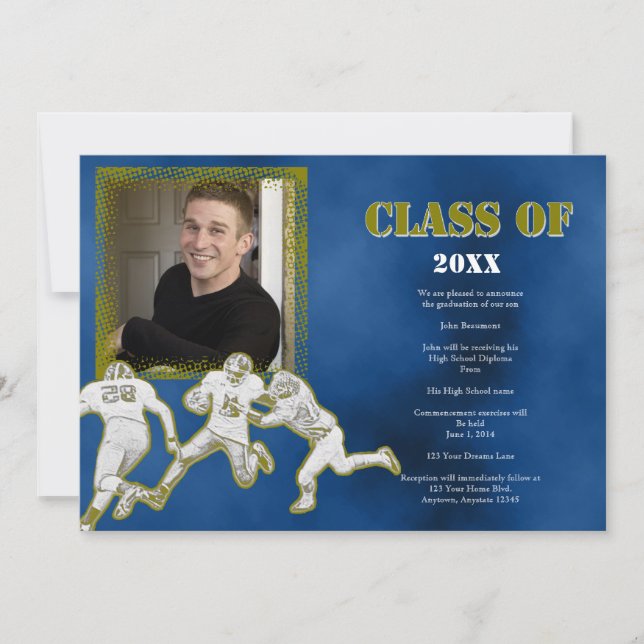 Invitación de graduación de fútbol azul y oro (Anverso)