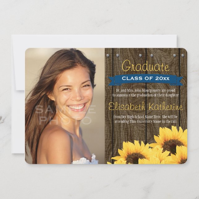 Invitación de graduación de girasol azul cobalto (Anverso)