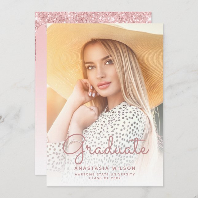 Invitación de graduación de Glam, Purpurina rosa f (Anverso / Reverso)