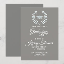 Invitación de graduación de gorra y hojas gris 5"