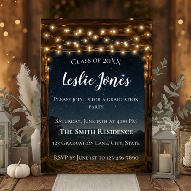 Invitación de Graduación de Granero Rústico | Luce (Rustic barn graduation invitation with string lights, country charm, and custom details.)