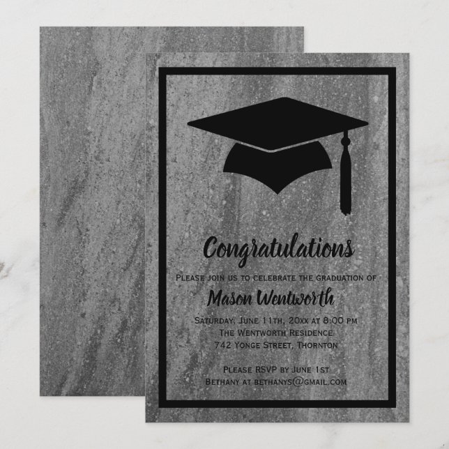 Invitación de graduación de granito clásico - negr (Anverso / Reverso)