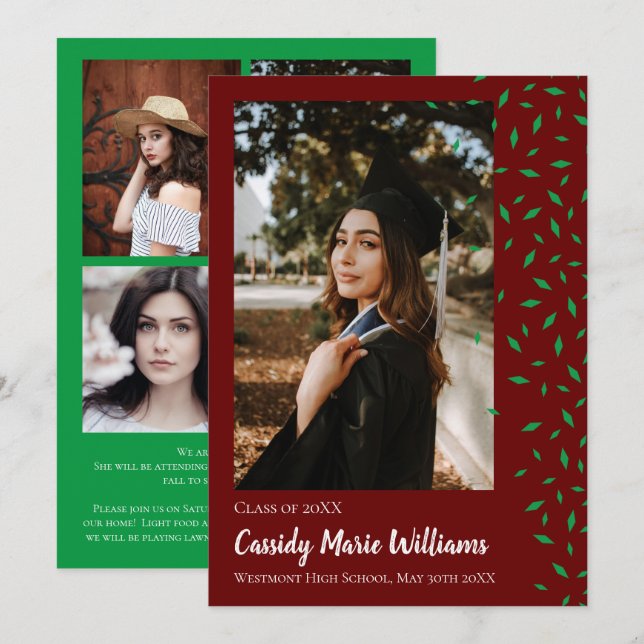 Invitación de graduación de Green Maroon Confetti (Anverso / Reverso)