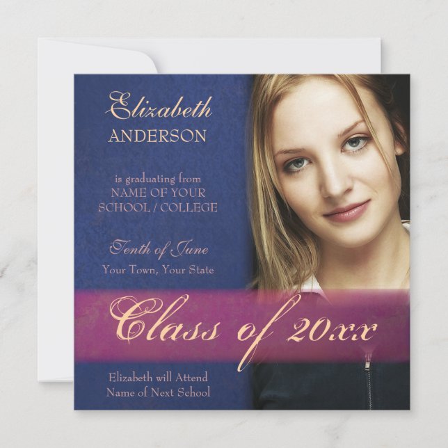 Invitación de Graduación de Grunge de Damasco Azul (Anverso)