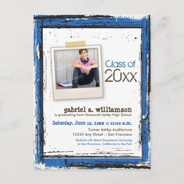 Invitación de graduación de Grunge de moda (azul) (Anverso)