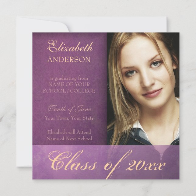 Invitación de Graduación de Grunge Purple Damask (Anverso)