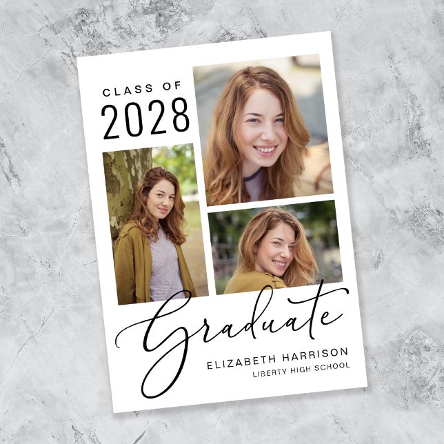 Invitación de graduación de guión de collage de fo (An elegant photo collage graduation announcement to celebrate the graduate's achievements)