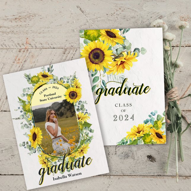 Invitación de Graduación de Guión Girasol (Photo Sunflower Script Graduation Announcement)