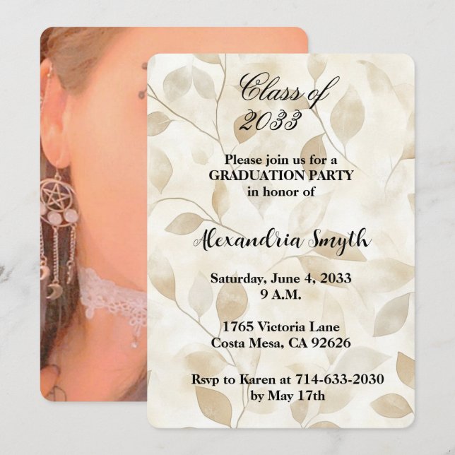 Invitación de graduación de hojas beige crema (Anverso / Reverso)