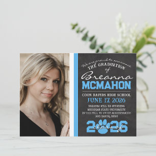 Invitación de graduación de huella azul y blanca d