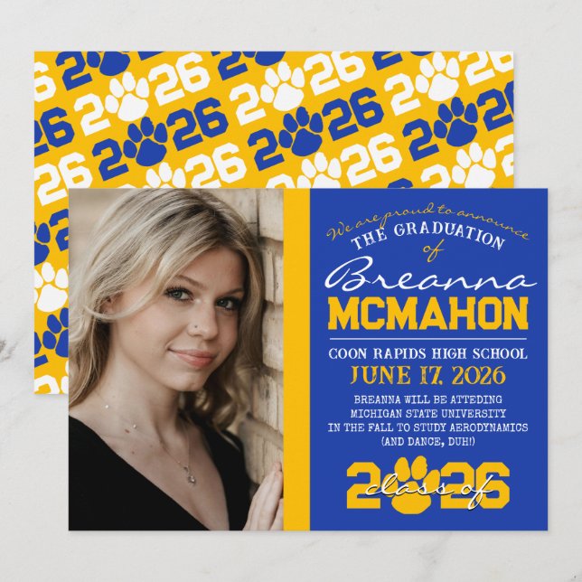 Invitación de graduación de impresión Blue & Gold  (Anverso / Reverso)