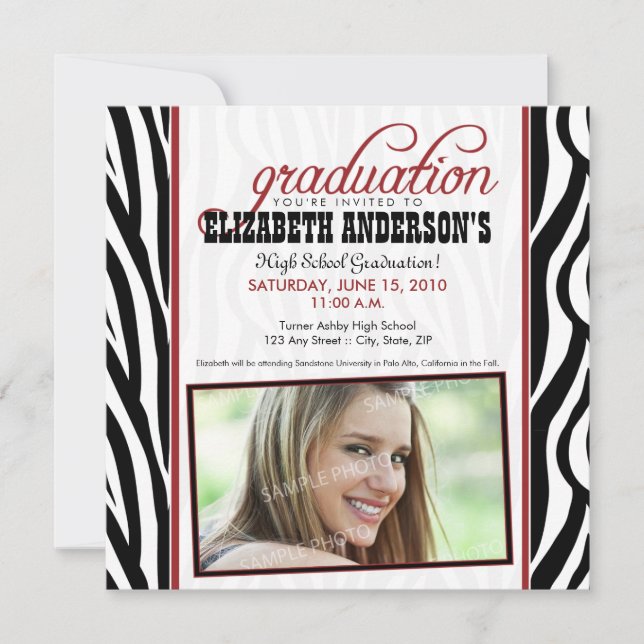 Invitación de graduación de impresión de cebra (ro (Anverso)