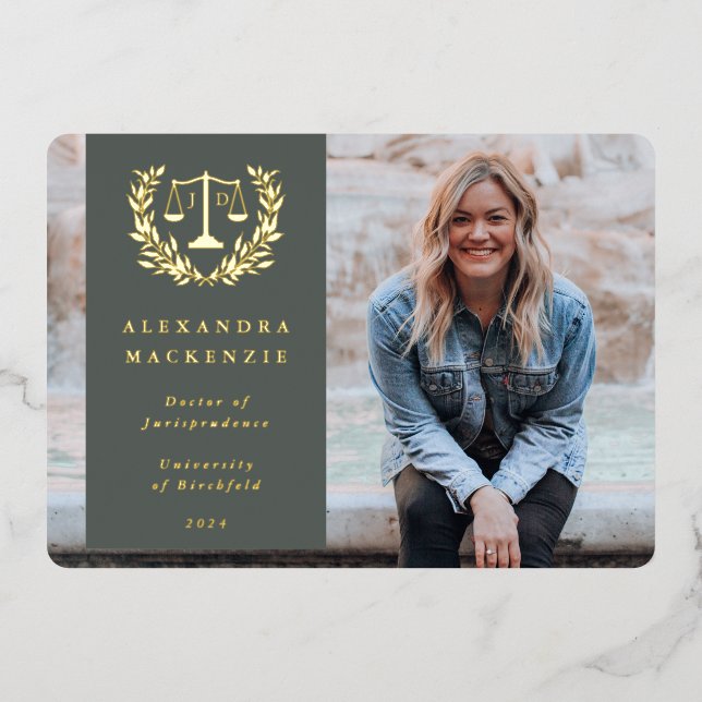 Invitación de graduación de la ley JD verde/Reliev (Anverso)