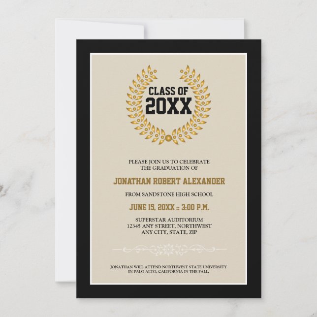 Invitación de graduación de Laurel Wreath (negro) (Anverso)