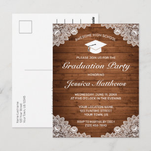 Invitación de graduación de madera rústica y encaj