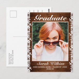 Invitación de graduación de madera rústica y encaj