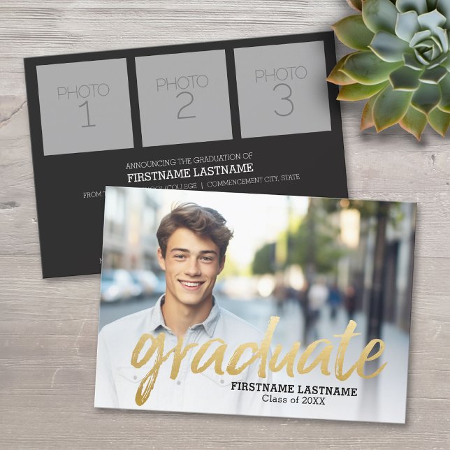 Invitación de graduación de moda con oro de 4 foto (Custom Graduation Announcement)