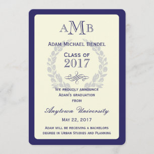 Invitación de graduación de monograma azul real