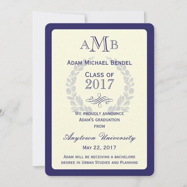 Invitación de graduación de monograma azul real (Anverso)