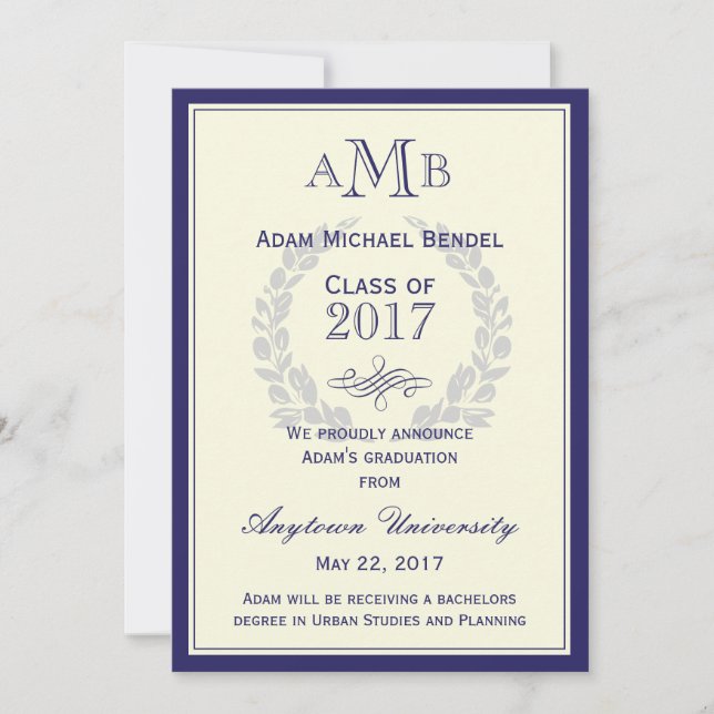Invitación de graduación de monograma azul real (Anverso)