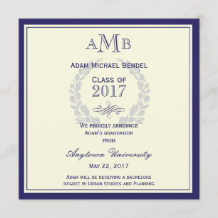 Invitación de graduación de monograma azul real