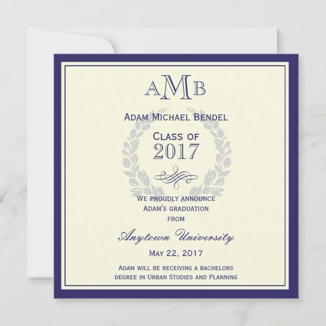 Invitación de graduación de monograma azul real (Anverso)