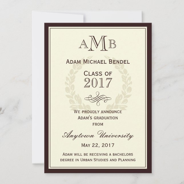 Invitación de graduación de monograma elegante mar (Anverso)