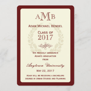 Invitación de graduación de monograma elegante roj