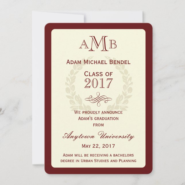 Invitación de graduación de monograma elegante roj (Anverso)