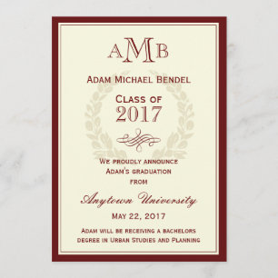 Invitación de graduación de monograma elegante roj