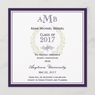 Invitación de graduación de monograma morado elega