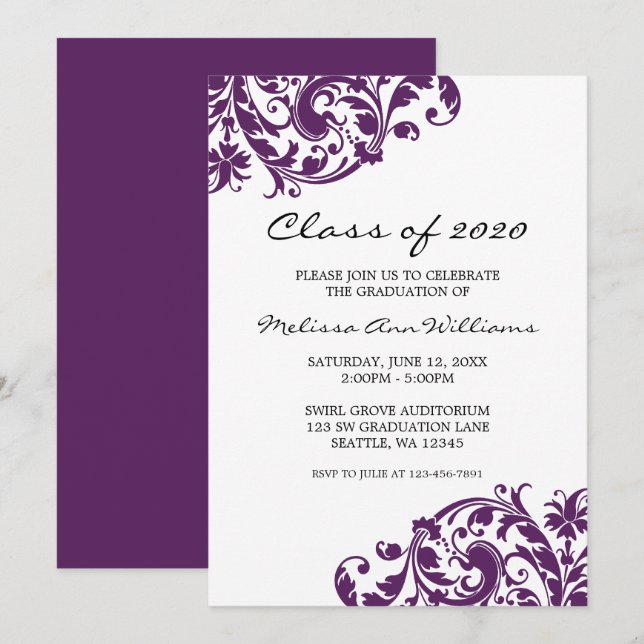 Invitación de graduación de nado de nasas moradas  (Anverso / Reverso)