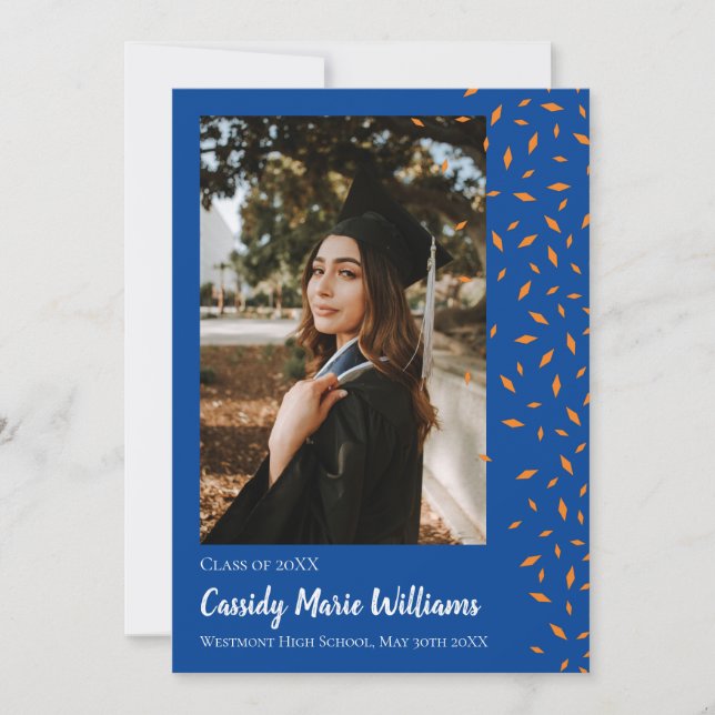 Invitación de graduación de naranja Blue Confetti (Anverso)