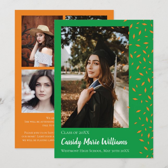 Invitación de graduación de naranja Green Confetti (Anverso / Reverso)