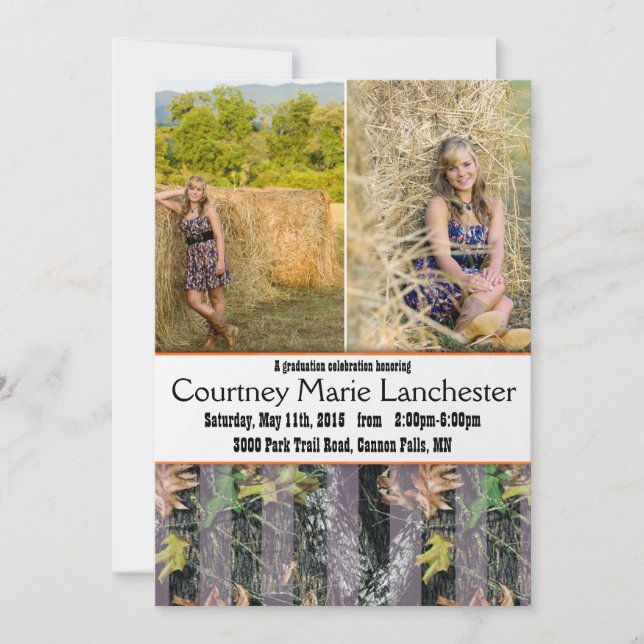 Invitación de graduación de Naranja y camuflaje (Anverso)