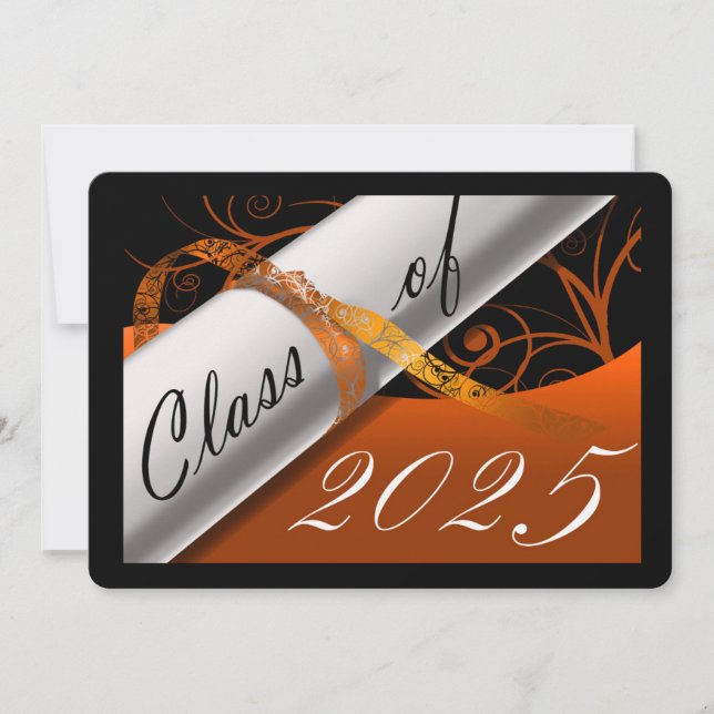 Invitación de graduación de naranja y negro (Anverso)