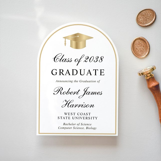 Invitación de graduación de oro blanco de Arch Pho (Share the pride and excitement of your graduate's achievement with friends and family near and far)