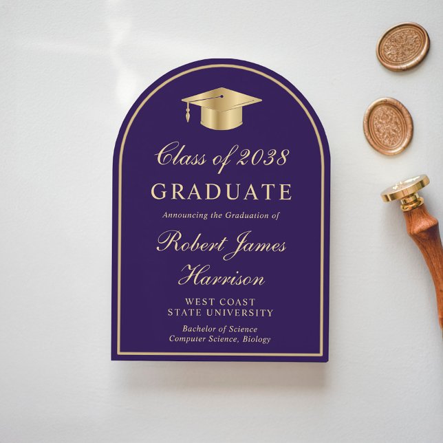 Invitación de graduación de oro púrpura de Arch Ph (Share the pride and excitement of your graduate's achievement with friends and family near and far)