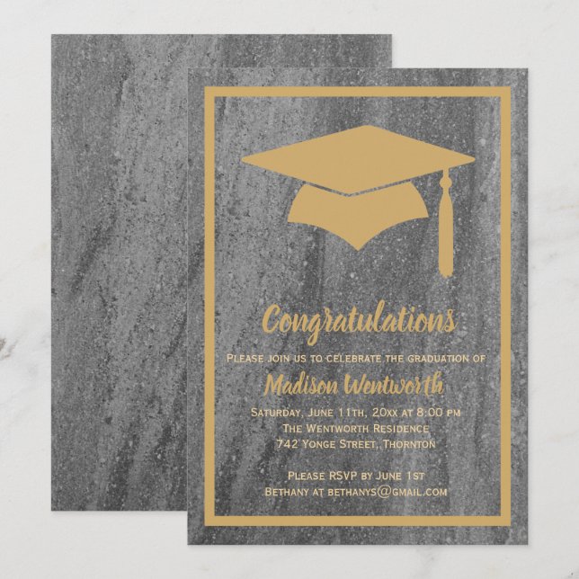 Invitación de Graduación de Oro y Granito Falso (Anverso / Reverso)