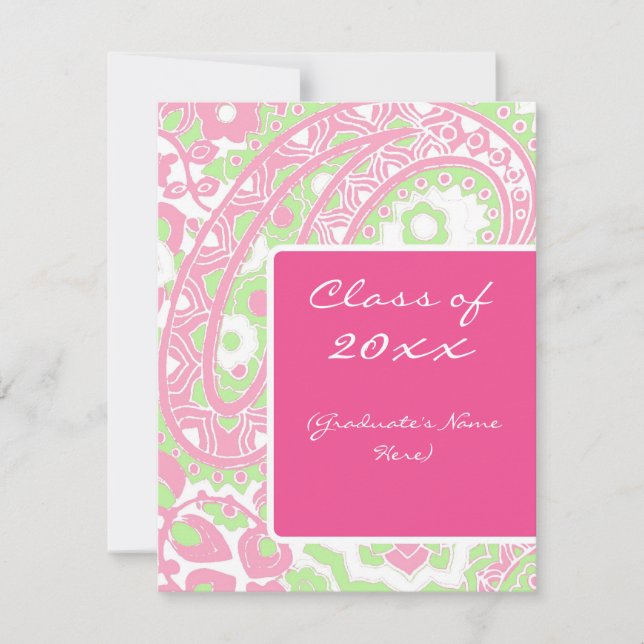 Invitación de graduación de Paisley Rosa y Verde (Anverso)