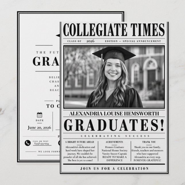 Invitación de Graduación de Periódico Personalizad (Anverso / Reverso)
