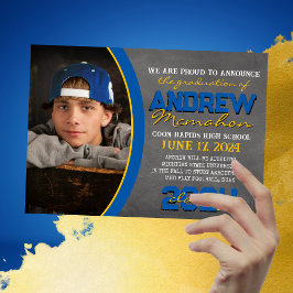 Invitación de graduación de pizarra azul y dorada