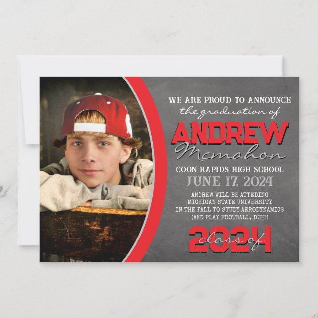 Invitación de graduación de pizarra roja y gris (Anverso)