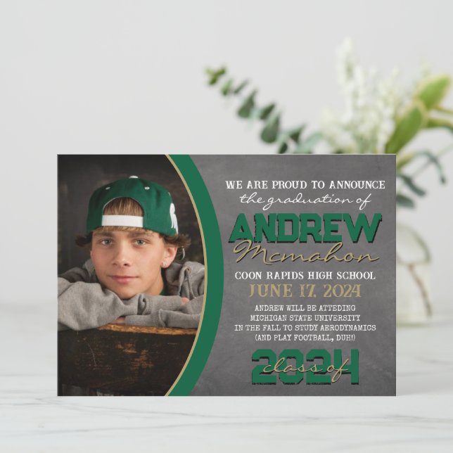 Invitación de graduación de pizarra verde y bronce (Anverso de pie)