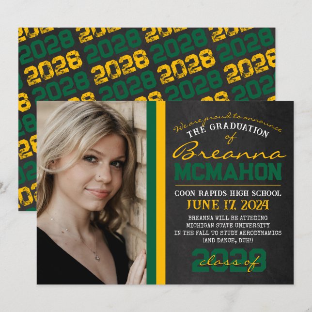 Invitación de graduación de pizarra verde y dorada (Anverso / Reverso)