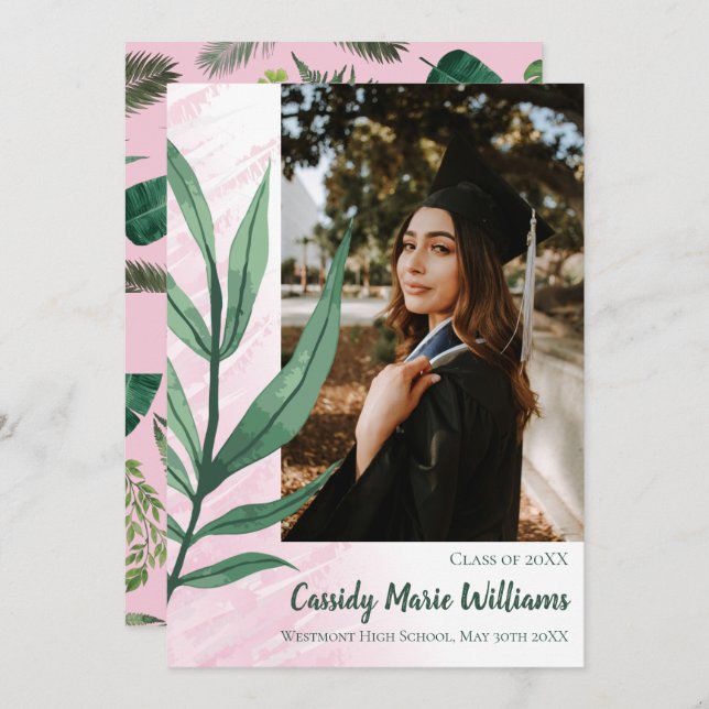 Invitación de graduación de planta rosa verde hoja (Anverso / Reverso)